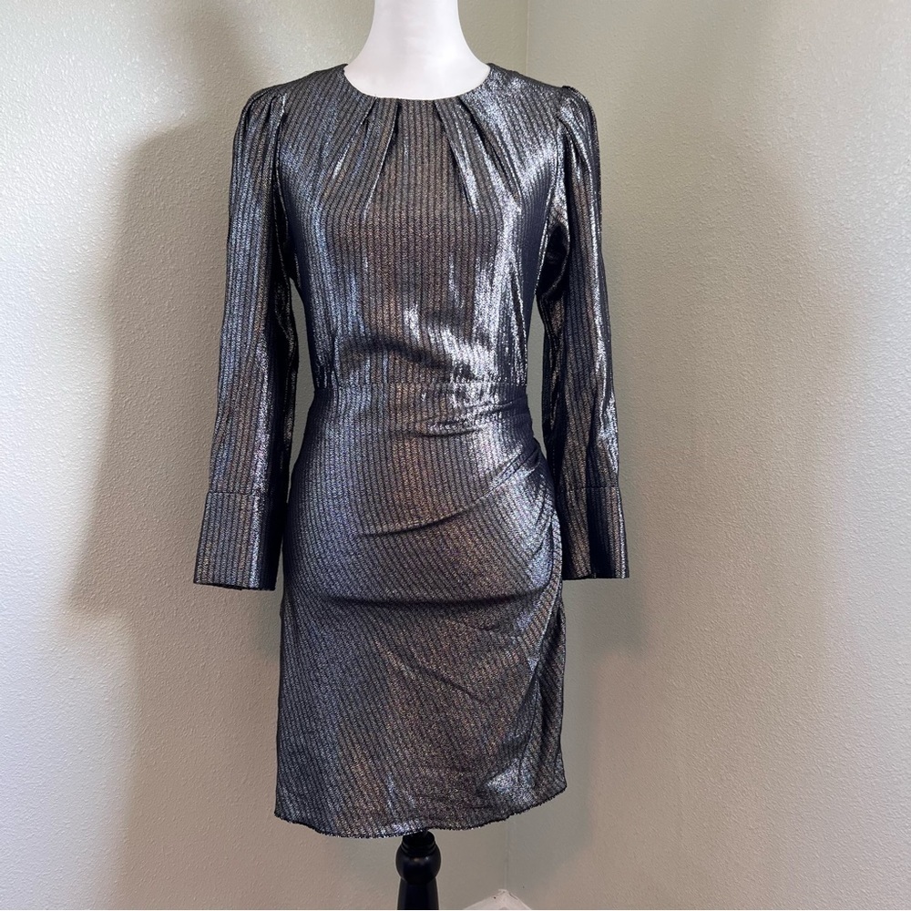 Maje Size US 4 FR 36 Silver Metallic Long Sleeve Party Cocktail Mini Dress